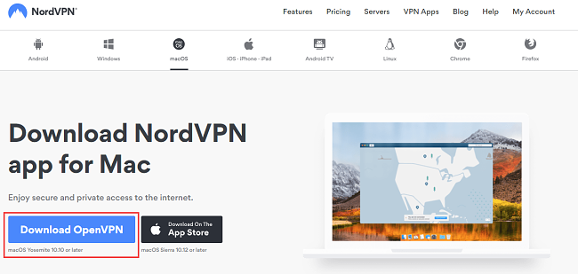 Скриншот загрузки OpenVPN для программного обеспечения NordVPN со страницы загрузок macOS