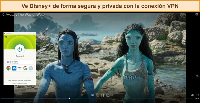 Guía sobre cómo ver Disney Plus con una VPN, imagen de Avatar transmitiendo Disney Plus a través del servidor del Reino Unido de ExpressVPN
