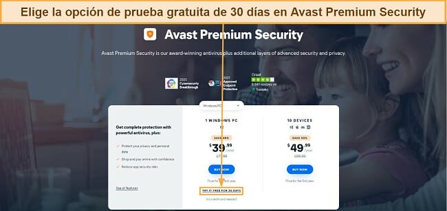 Revisión de Avast Antivirus: Elegir Avast Premium Security con prueba gratuita de 30 días