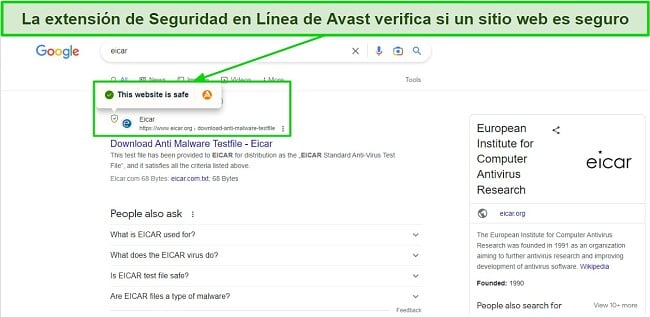 La extensión de Seguridad en Línea de Avast verifica si un sitio web es seguro